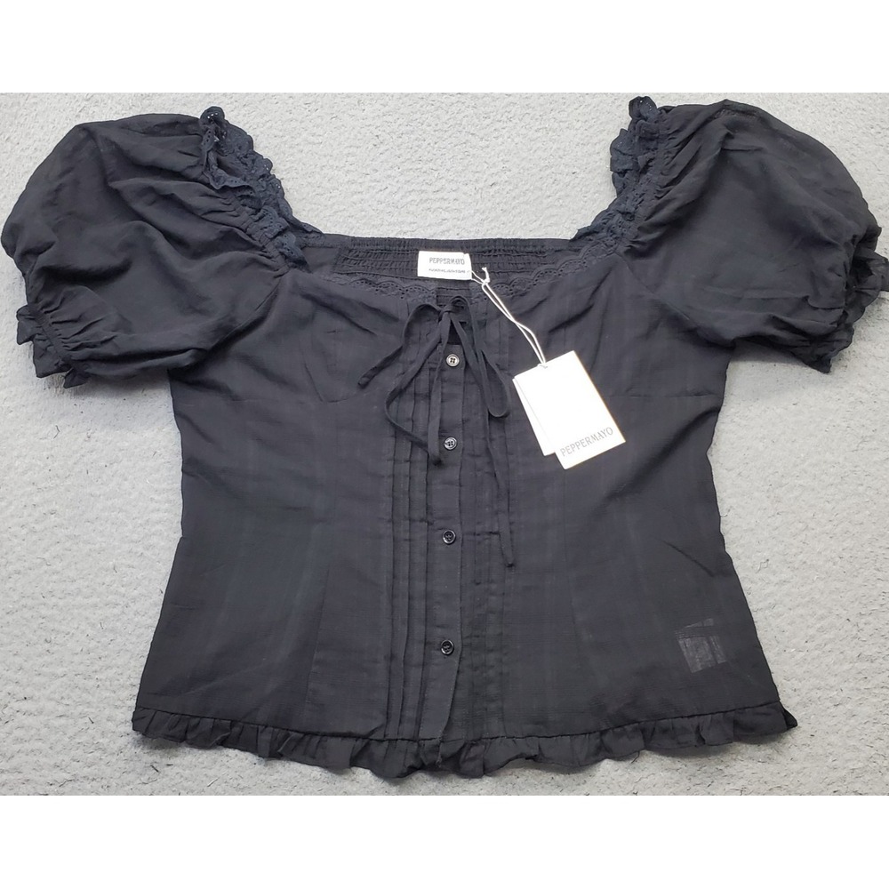 Peppermayo Peasant Top Womens 16 Black Smocked Back Puff Sleeve Square Neck